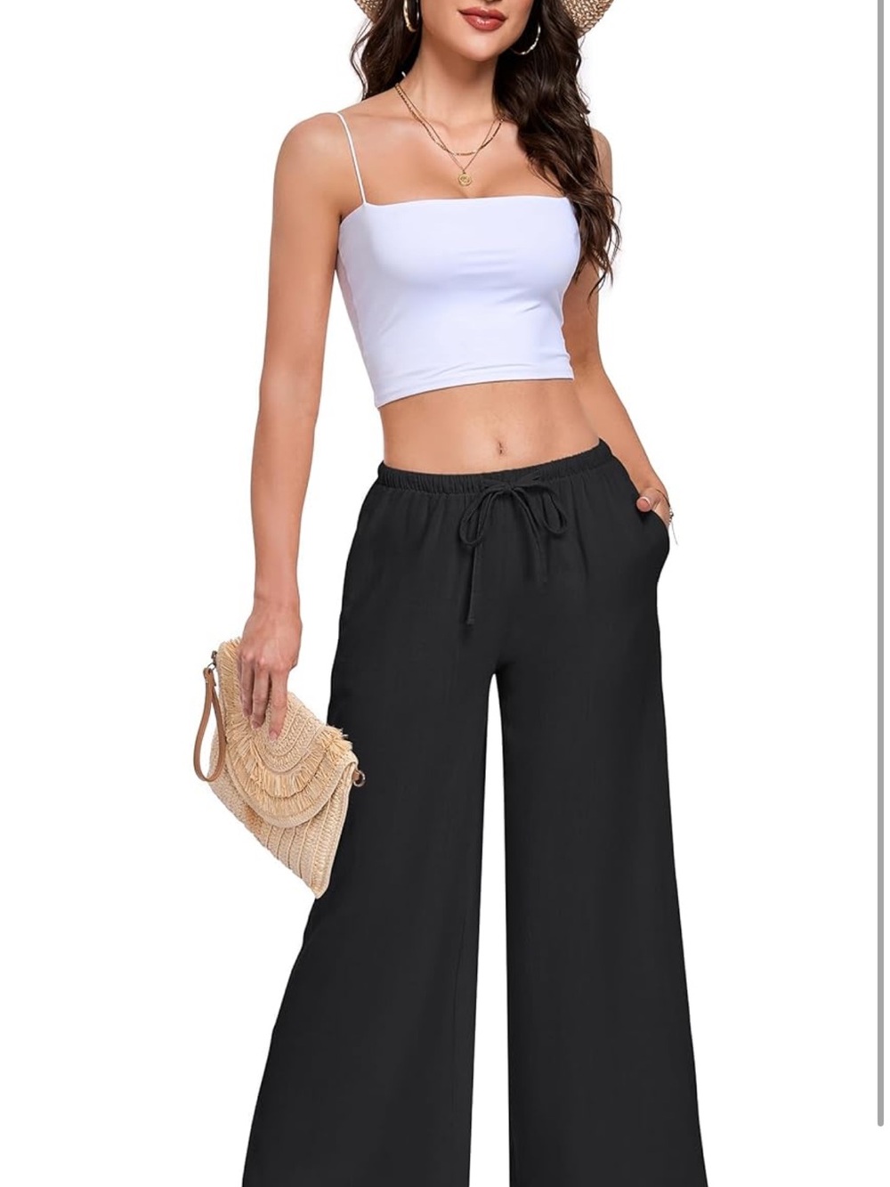 Wide Leg Drawstring Women's Pants - Black